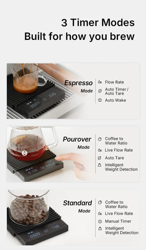 Balance à café noire avec plusieurs modes minuterie et précision pour espresso et infusion, accessoires barista, tout sur le café.