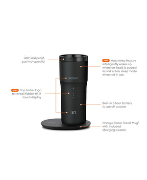 Mug de voyage électrique pour café noir V2 - 355ml avec écran tactile et plaque de chargement noire, design élégant.