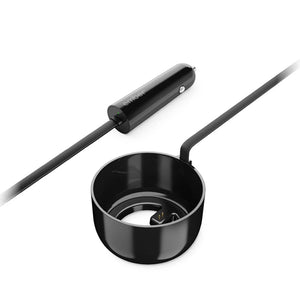 Chargeur de voiture pour tasse électrique Ember en noir avec câble et adaptateur pour une charge rapide et sécurisée.